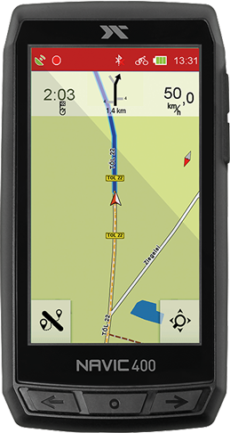 Screen des CicloSport Navic 400. Zu sehen ist die Turn-by-Turn Navigation im Umland